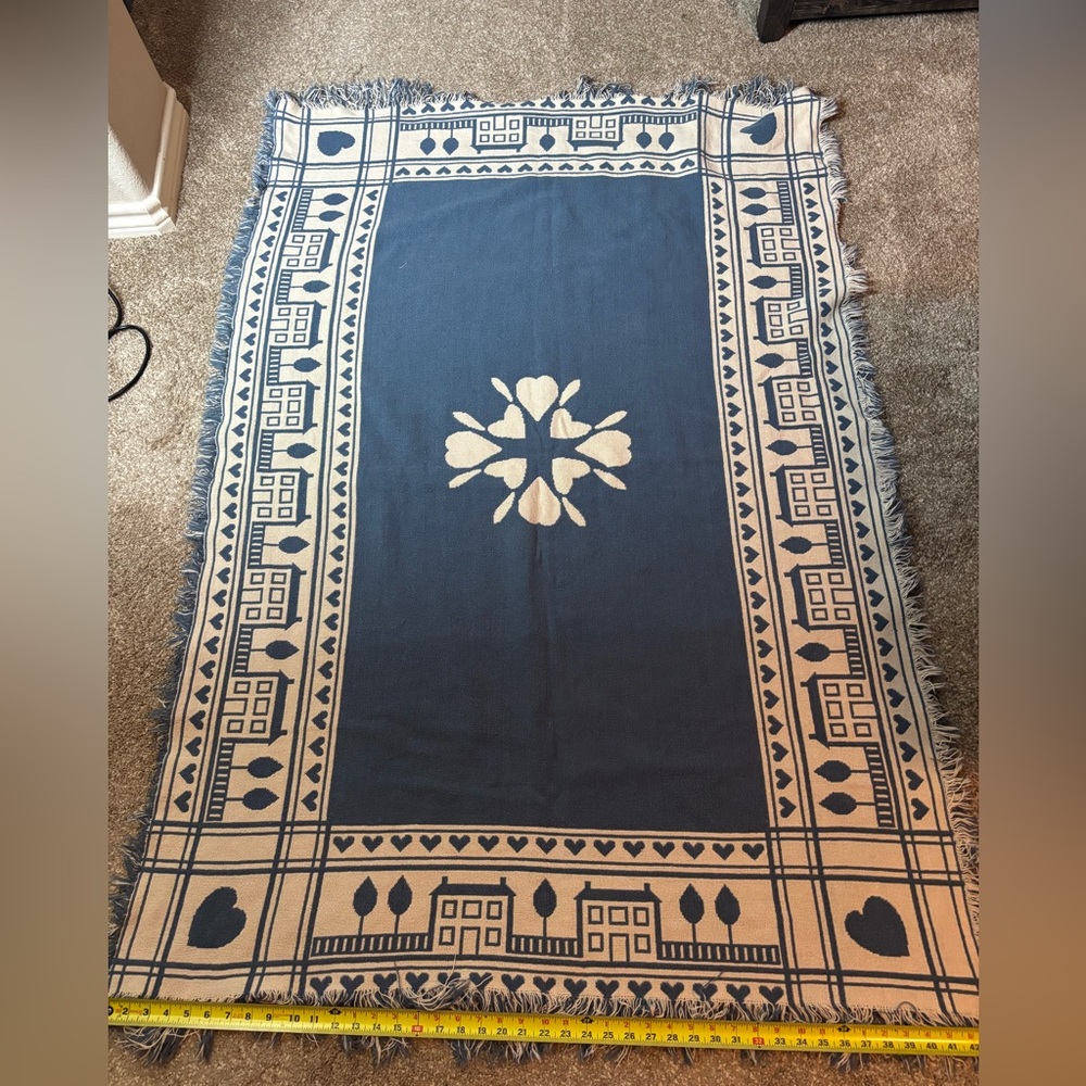 Navy and Cream Geometric Hearts and Houses Cottagecore Throw Blanket